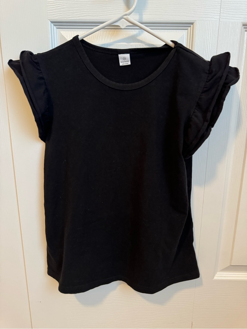 Kilymosy Black Ruffle Short Sleeve Shirt, (tag says 14, fits like small)